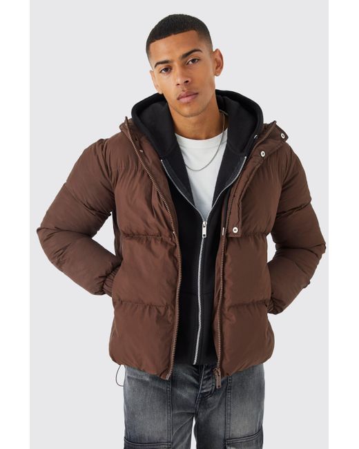 BoohooMAN Brown Boxy Hooded Puffer With Half Placket for men