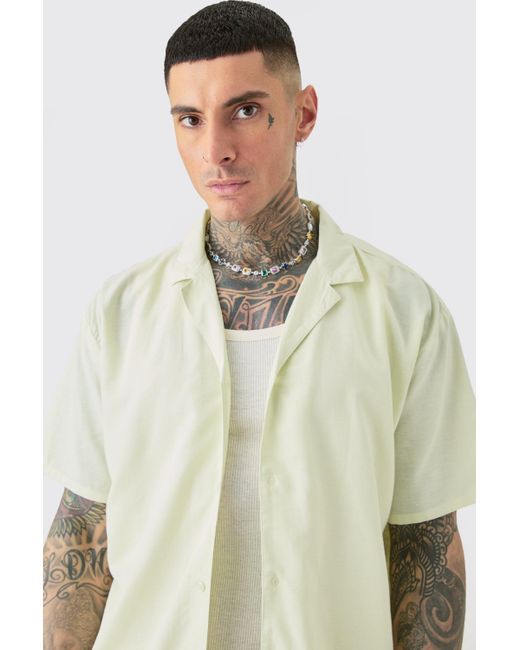 BoohooMAN Natural Tall Linen Oversized Revere Shirt In Green for men