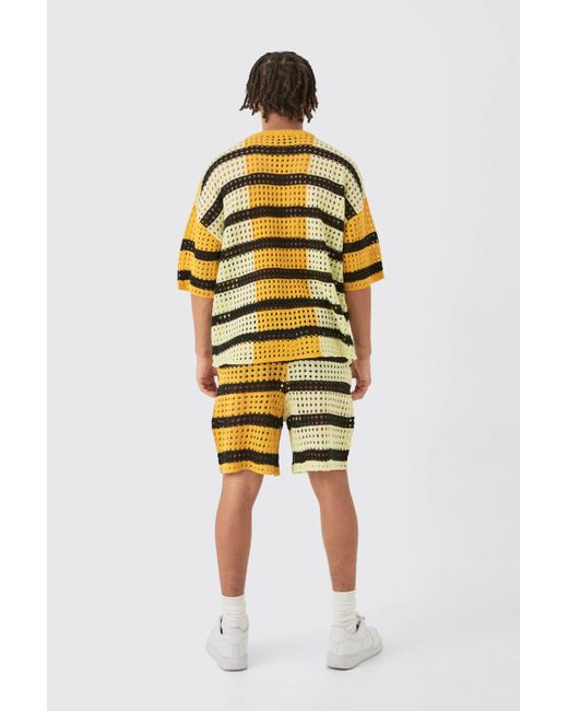 BoohooMAN Yellow Oversized Open Stitch T-shirt Short Knitted Set for men