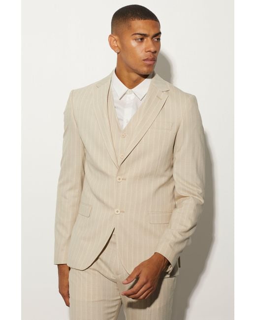 Boohoo Single Breast Slim Texture Stripe Suit Jacket in Beige (Natural