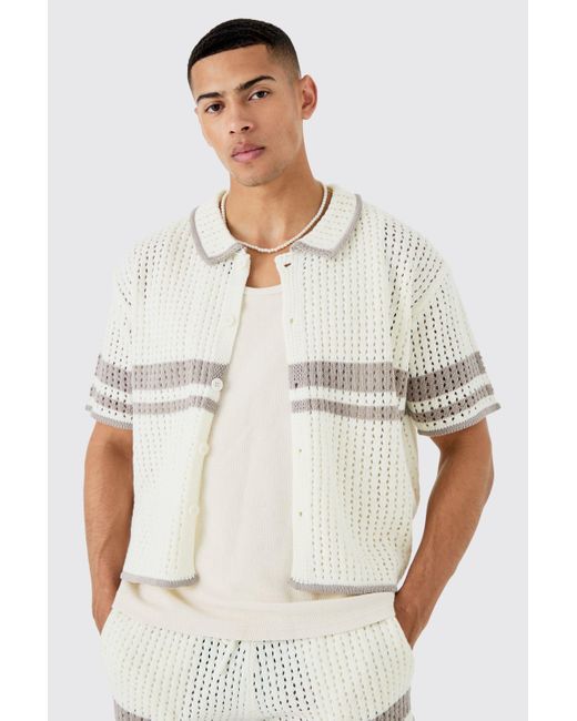 BoohooMAN White Boxy Oversized Open Stitch Statement Stripe Knit Shirt for men