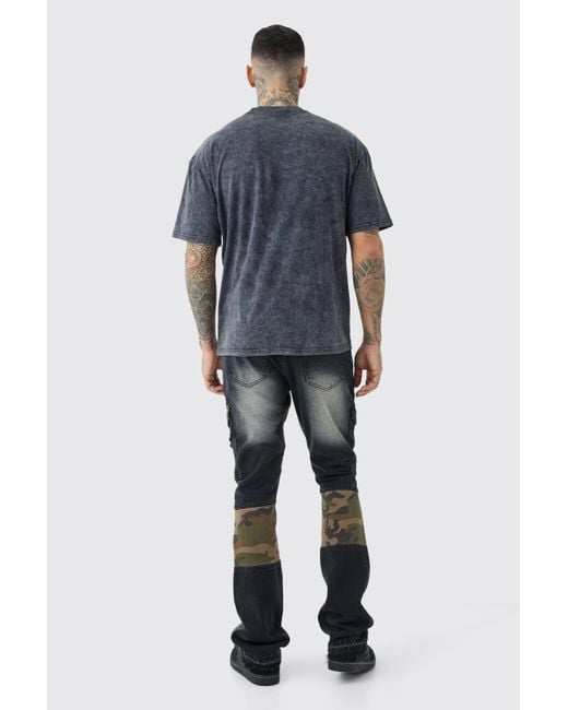 BoohooMAN Tall Slim Rigid Flare Camo Repair Cargo Jeans in Black für Herren