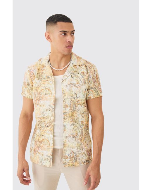 BoohooMAN Linen Look Tapestry Print Shirt in Multicolor für Herren