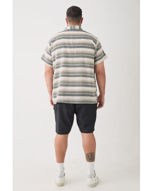 BoohooMAN Gray Plus Short Sleeve Oversized Textured Stripe Shirt In Stone for men