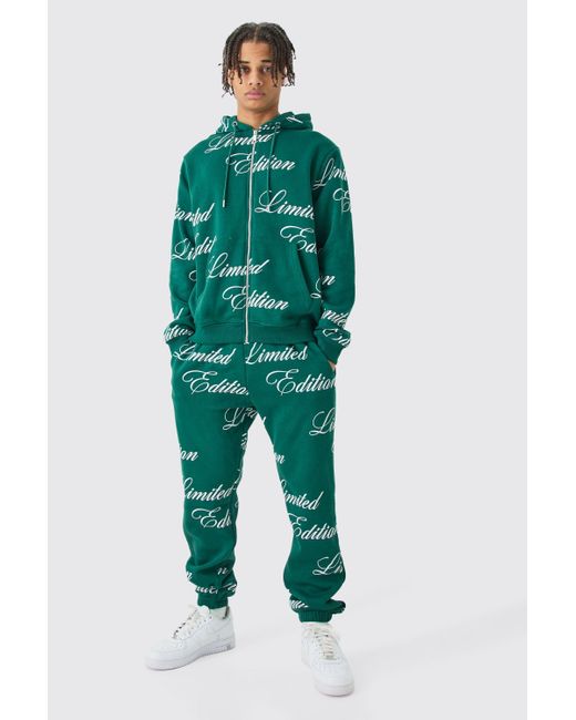 BoohooMAN Green Limited Edition Script All Over Print Zip Hooded Tracksuit for men