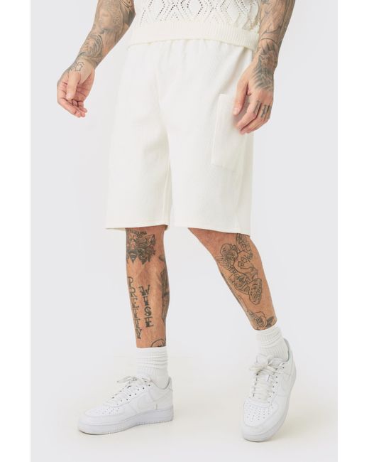 BoohooMAN Tall Relaxed Heavyweight Ribbed Cargo Short in White für Herren