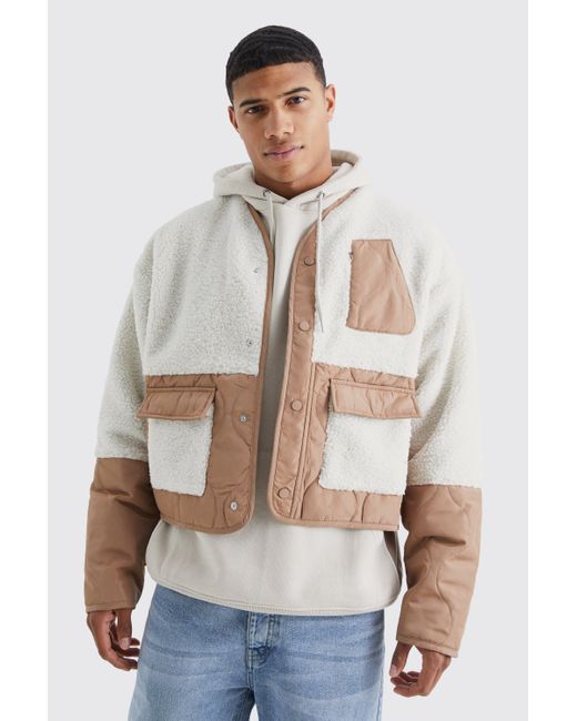 BoohooMAN Natural Borg & Quilted Nylon Collarless Bomber for men