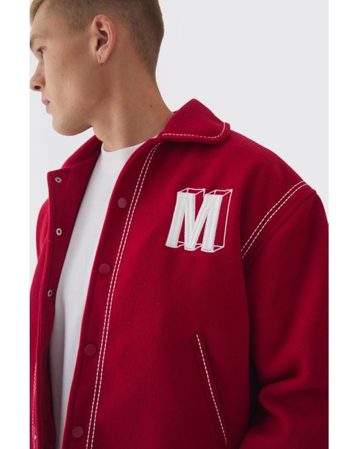 BoohooMAN Red Boxy Stitch Detail Melton Varsity Jacket for men