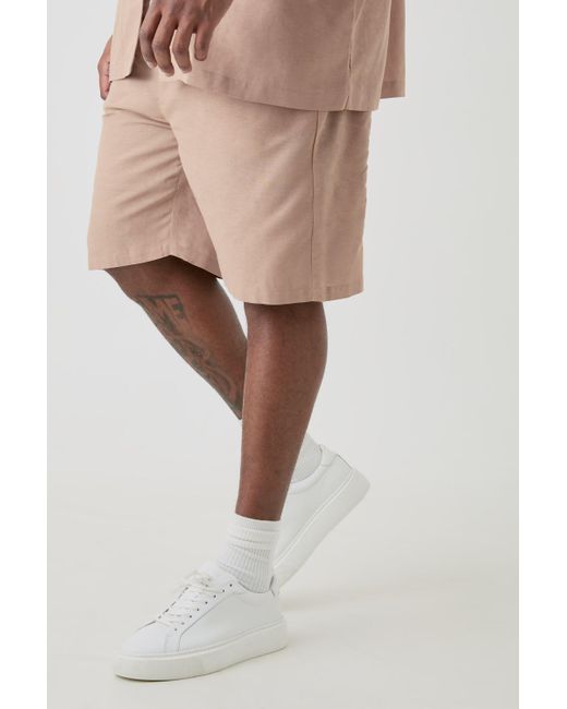 BoohooMAN Natural Plus Elasticated Waist Linen Comfort Shorts In Taupe for men