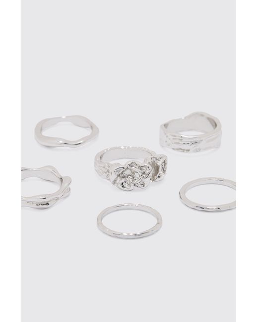 BoohooMAN Gray 6 Pack Melted Metal Rings In Silver for men