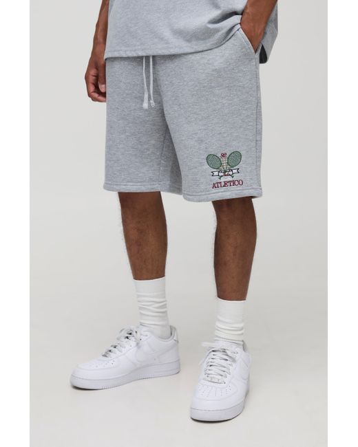 BoohooMAN Gray Marl Loose Fit Mid Length Embroidered Short for men