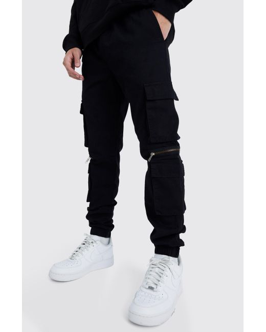 BoohooMAN Black Elasticated Waist Multi Pocket Zip Cargo Trouser for men