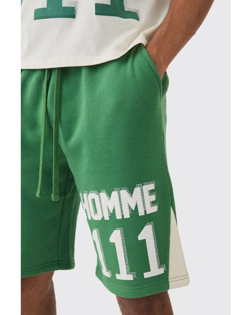 BoohooMAN Green Oversized Boxy Extended Neck 111 Rhinestone T-shirt & Shorts for men