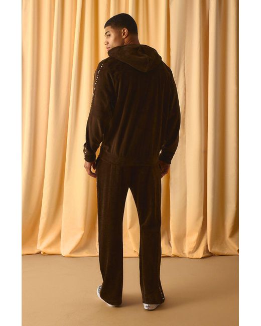 BoohooMAN Black Regular Fit Ribbed Velour Embellished Zip Through Hoodie for men