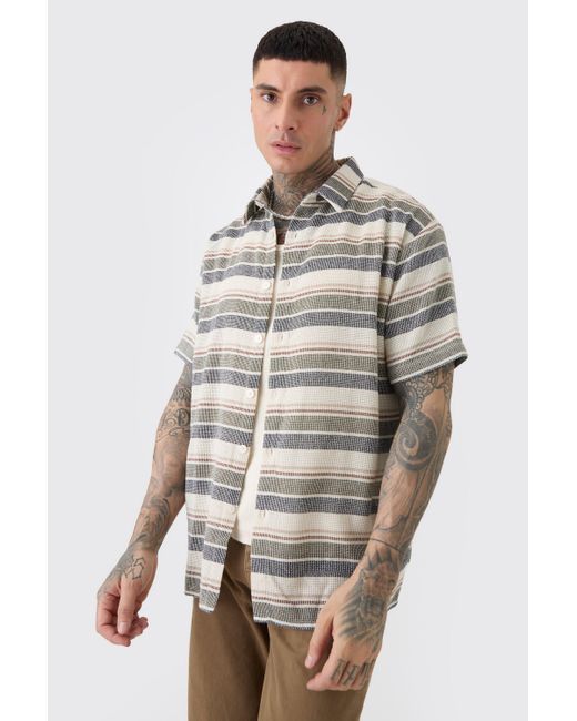BoohooMAN Gray Tall Short Sleeve Oversized Textured Stripe Shirt In Stone for men