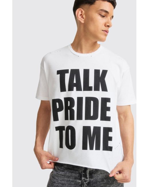 BoohooMAN Oversized Boxy Talk Pride To Me Distressed T-shirt in White für Herren
