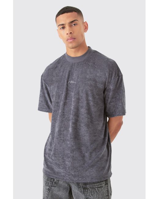 BoohooMAN Gray Oversized Extended Neck Towelling Man Signature T-shirt for men