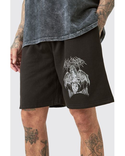 BoohooMAN Black Tall Oversized Fit Gothic Print Jersey Shorts for men