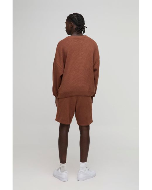 BoohooMAN Brown Boxy Fit Fluffy Bm Knitted Sweater And Shorts Set for men