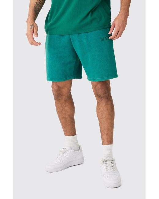 BoohooMAN Green Relaxed Acid Wash Short for men