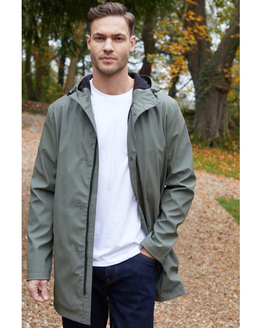 BoohooMAN Green Threadbare Microfleece Lined Longline Showerproof Hooded Raincoat for men