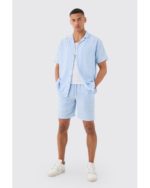 BoohooMAN Blue Oversized Linen Look Shirt & Short for men