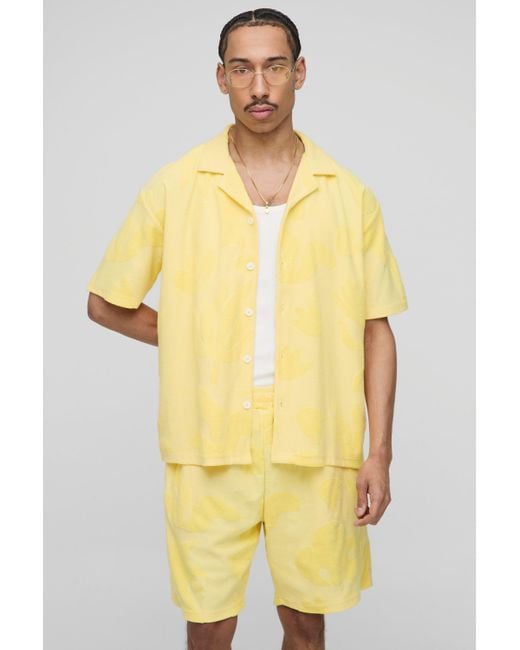 BoohooMAN Yellow Oversized Revere Towelling Shirt & Loose Short Set for men