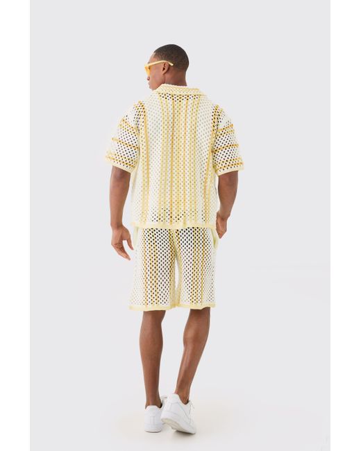 BoohooMAN Natural Boxy Oversized Open Stitch Stripe Knit Shirt for men