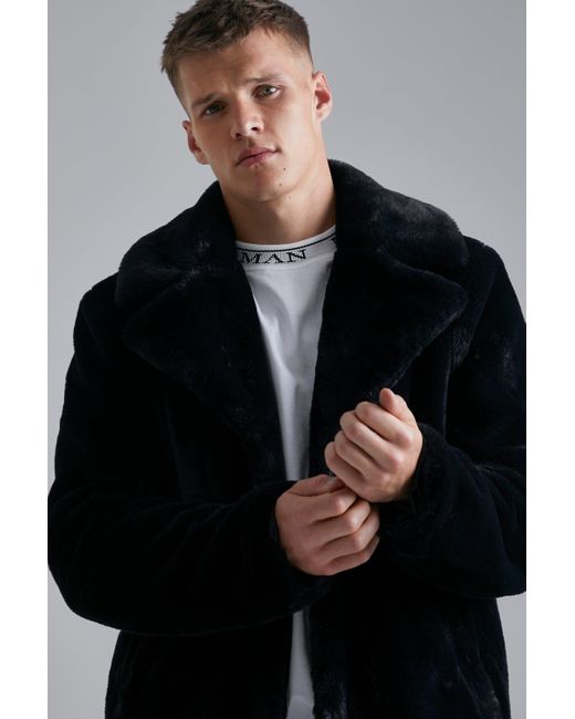 BoohooMAN Black Tall Faux Fur Overcoat for men
