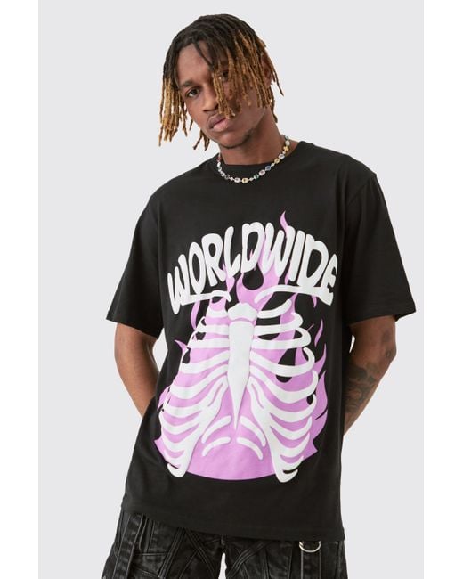 BoohooMAN Tall World Wide Skeleton Graphic Puff Print T-shirt In Black for men