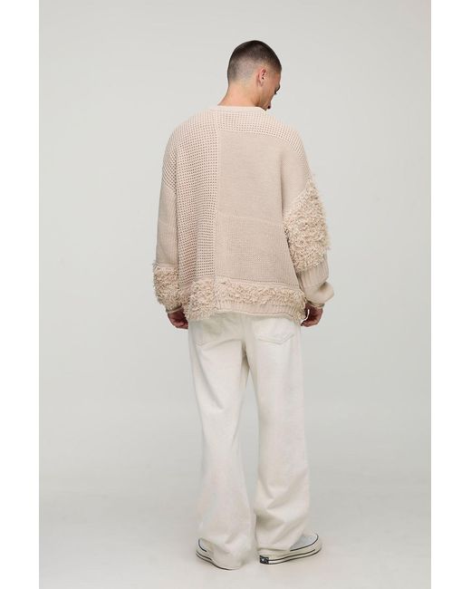 BoohooMAN Natural Oversized Textured Multi Patch Knitted Sweater for men
