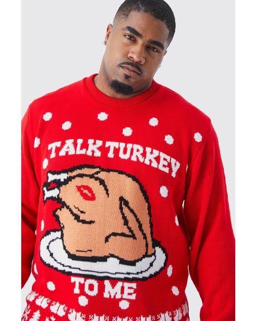 BoohooMAN Red Plus Talk Turkey To Me Christmas Jumper for men