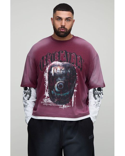 BoohooMAN Gray Plus Oversized Boxy Graphic Faux Layer Washed T-Shirt for men