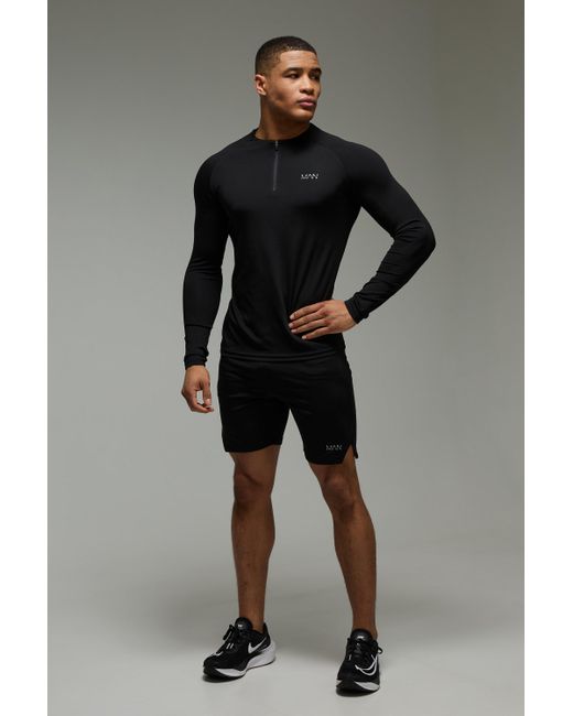 BoohooMAN Black Man Active Crew Neck 1/4 Zip Short Tracksuit for men