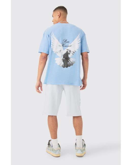BoohooMAN Blue Oversized Extended Neck Dove Washed Back Print T-shirt for men