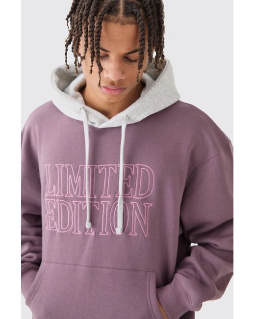 BoohooMAN Purple Oversized Boxy 3d Embroidered Edition Hoodie for men