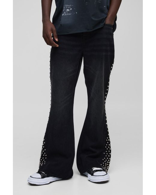 Boohoo Black Relaxed Flared Embellished Seam Gusset Jeans