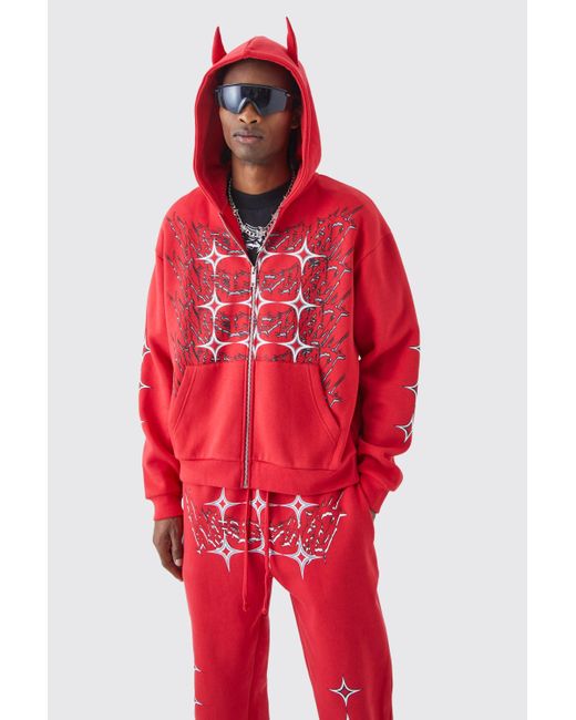 BoohooMAN Red Oversized Boxy Grunge Zip Through Ear Hooded Tracksuit for men