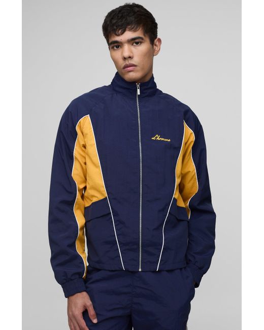 BoohooMAN Blue Regular Fit Crinkle Nylon Panelled Track Jacket for men