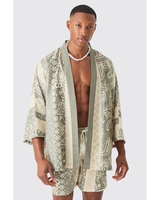 BoohooMAN Gray Oversized Printed Kimono Shirt And Swim Short Set for men