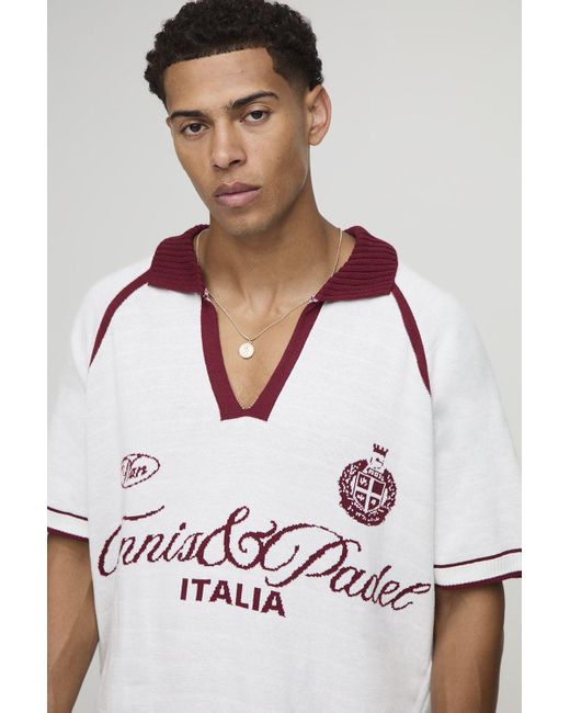 BoohooMAN Kastiger Raglan Italia Strick-Poloshirt mit V-Ausschnitt in White für Herren