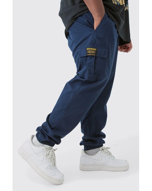 BoohooMAN Blue Plus Elastic Waist Twill Slim Fit Cargo Tab Pants for men