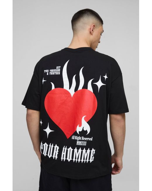 BoohooMAN Red Oversized Pour Homme Flame Heart Graphic T-Shirt for men