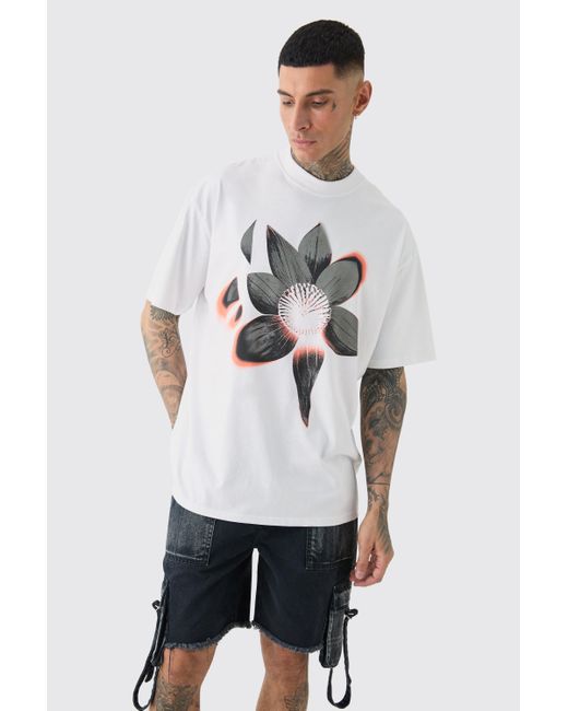 BoohooMAN Tall Oversized Extended Neck Abstract Floral Print T-shirt in White für Herren