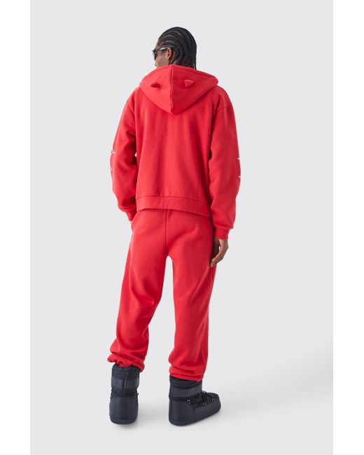 BoohooMAN Red Oversized Boxy Grunge Zip Through Ear Hooded Tracksuit for men