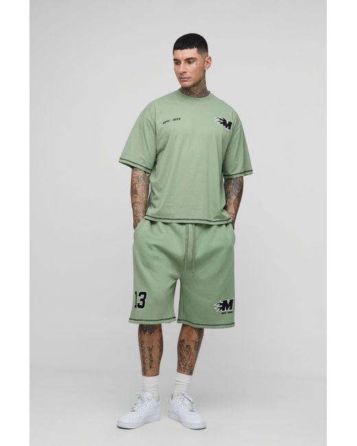 BoohooMAN Green Tall Oversized Boxy Applique 13 Print T-Shirt & Short Set for men