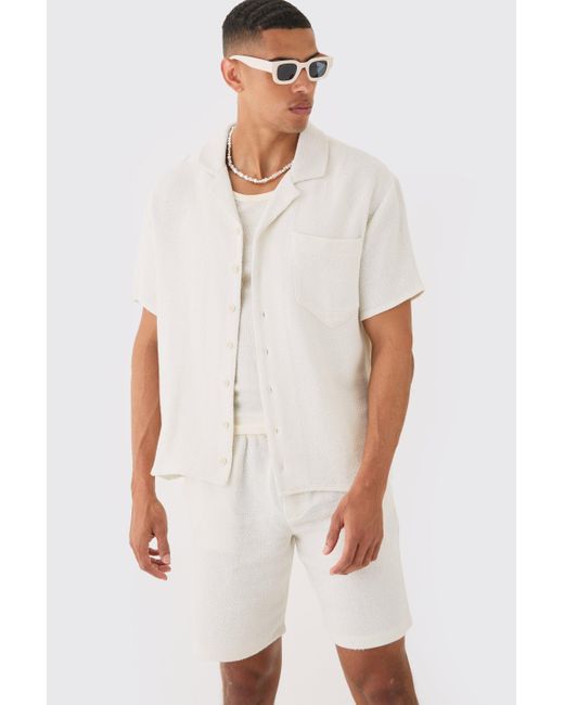 BoohooMAN White Boxy Short Sleeve Open Weave Shirt & Short Set for men