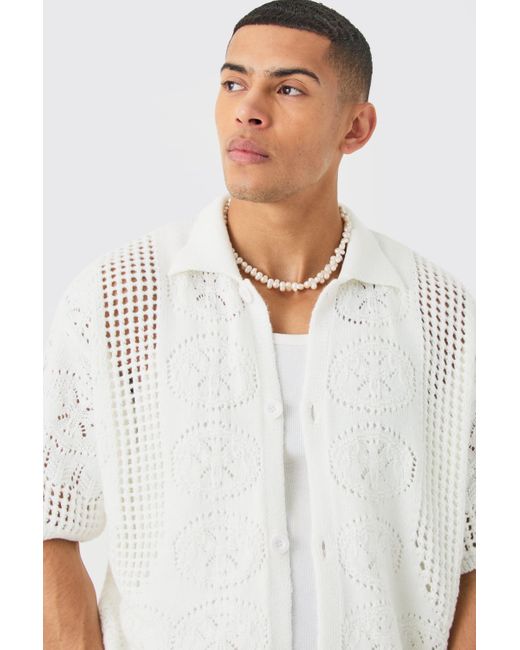 BoohooMAN Oversized Boxy Open Stitch Detail Knitted Shirt In White for men