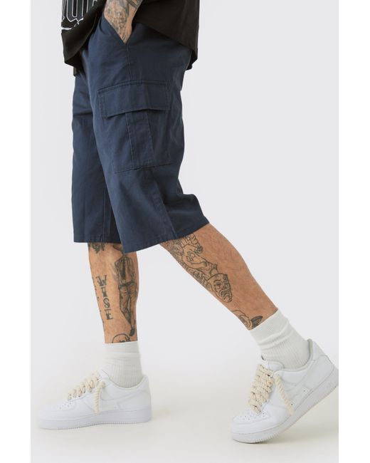 BoohooMAN Blue Tall Elastic Waist Navy Relaxed Fit Longer Length Cargo Shorts for men
