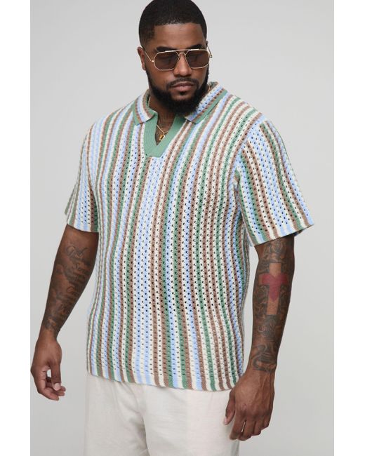 BoohooMAN Green Plus Stripe Crochet Regular Fit Polo Shirt for men